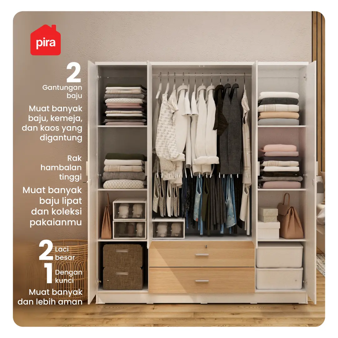 PIRA METROPOLIS OX - ASTA 4PL A LEMARI PAKAIAN 4 PINTU DENGAN LACI warna WHITE - PIRA METROPOLIS - foto 2