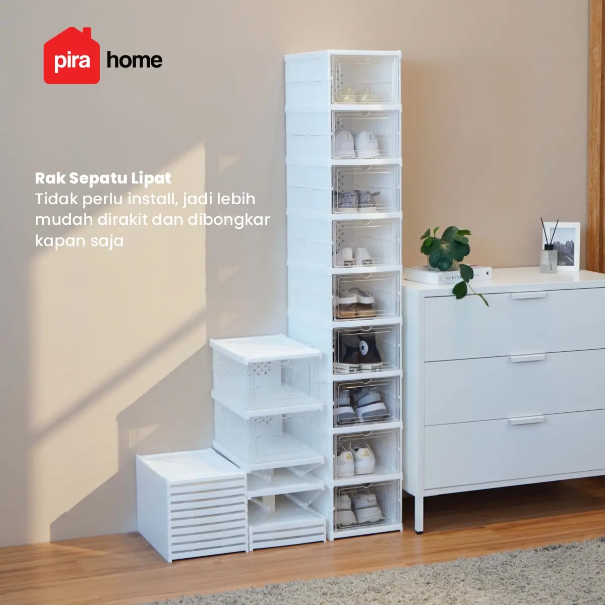 PIRA -  KAMA PSR RAK SEPATU LIPAT 1 PINTU / KOTAK SEPATU TRANSPARAN / RAK SEPATU SUSUN TERTUTUP warna WHITE - PIRA - foto 4