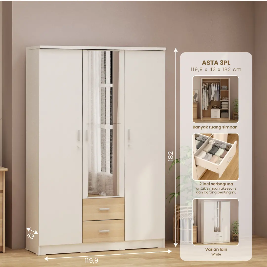 PIRA METROPOLIS OX -  ASTA 3PL LEMARI PAKAIAN 3 PINTU warna WHITE - PRO OAK - PIRA METROPOLIS OX - foto 1