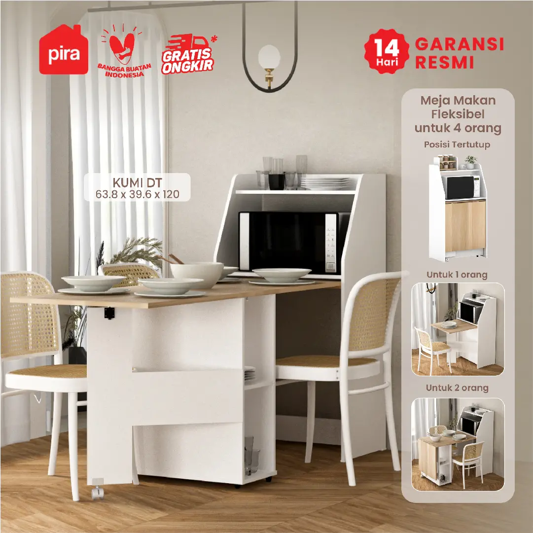 PIRA - KUMI DT MEJA MAKAN / MEJA MAKAN LIPAT DENGAN BUFET warna WHITE SM - PRO OAK - PIRA - foto 1