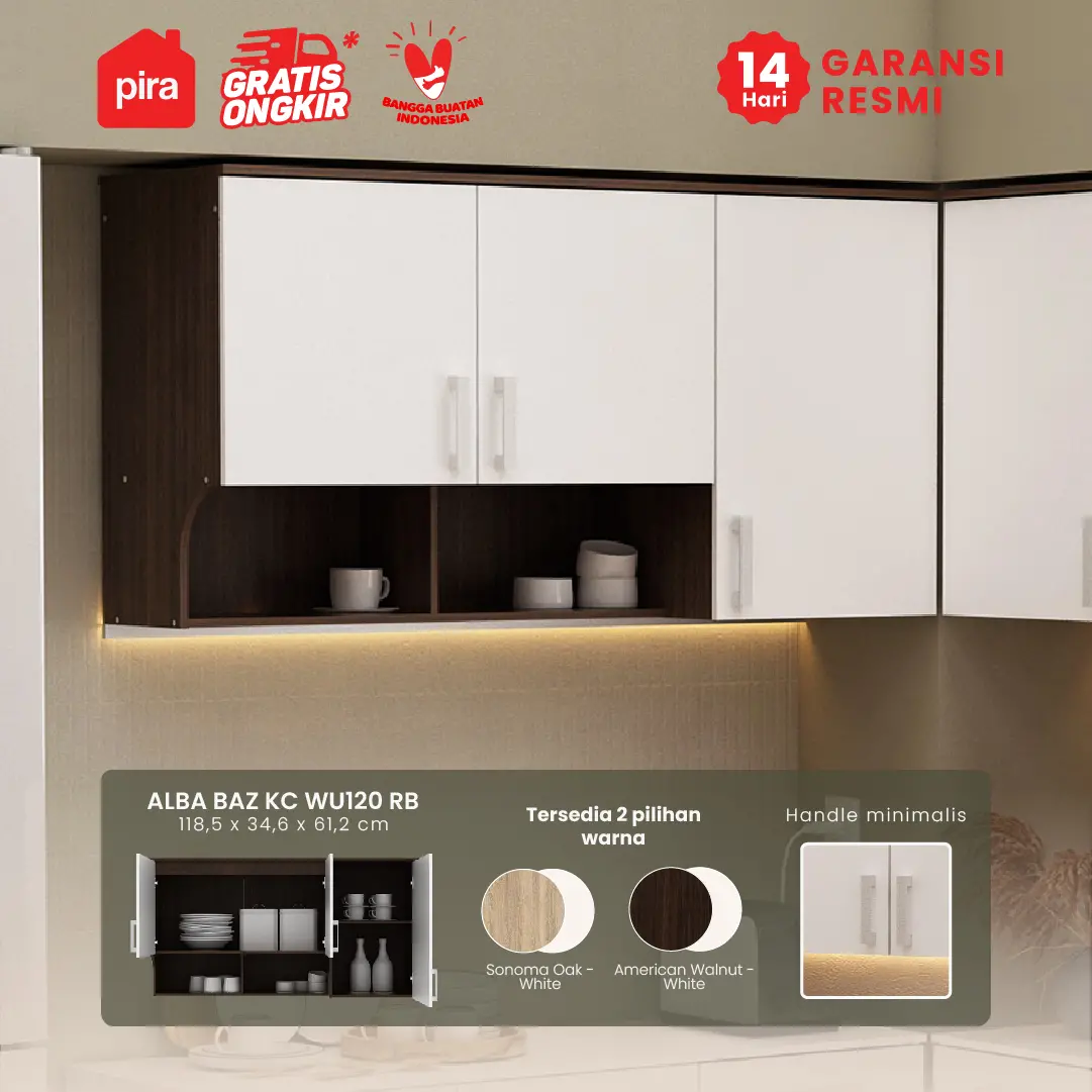 PIRA METROPOLIS - ALBA BAZ KC WU120 RB RAK DAPUR GANTUNG / RAK DINDING 3 PINTU DENGAN RAK BUMBU warna AMERICAN WALNUT - WHITE - METROPOLIS - foto 1