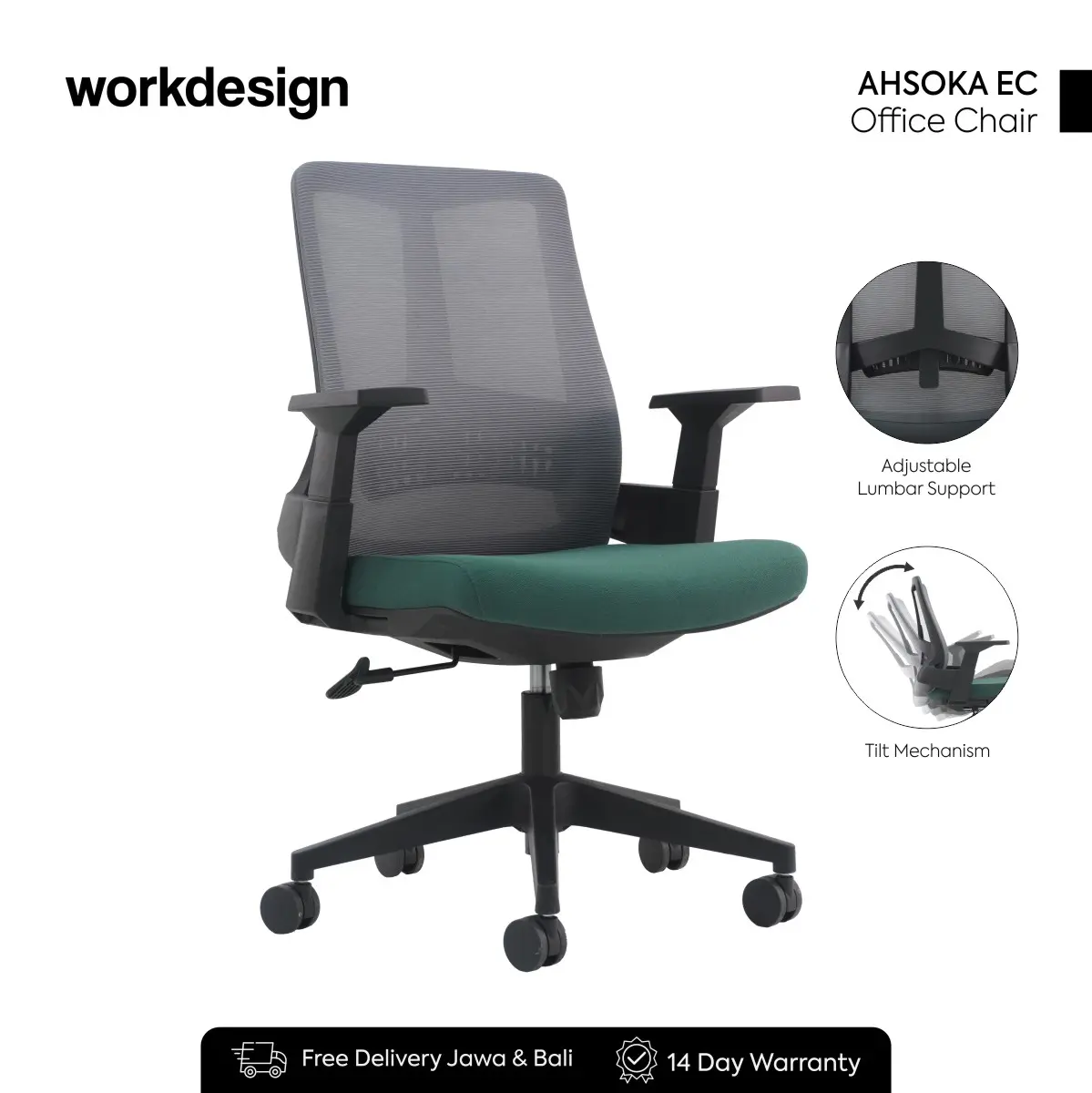 WORKDESIGN AHSOKA EC KURSI KANTOR / KURSI KERJA ERGONOMIS DENGAN LUMBAR SUPPORT warna DARK GREY - BLACK GREEN - WORKDESIGN - foto 1