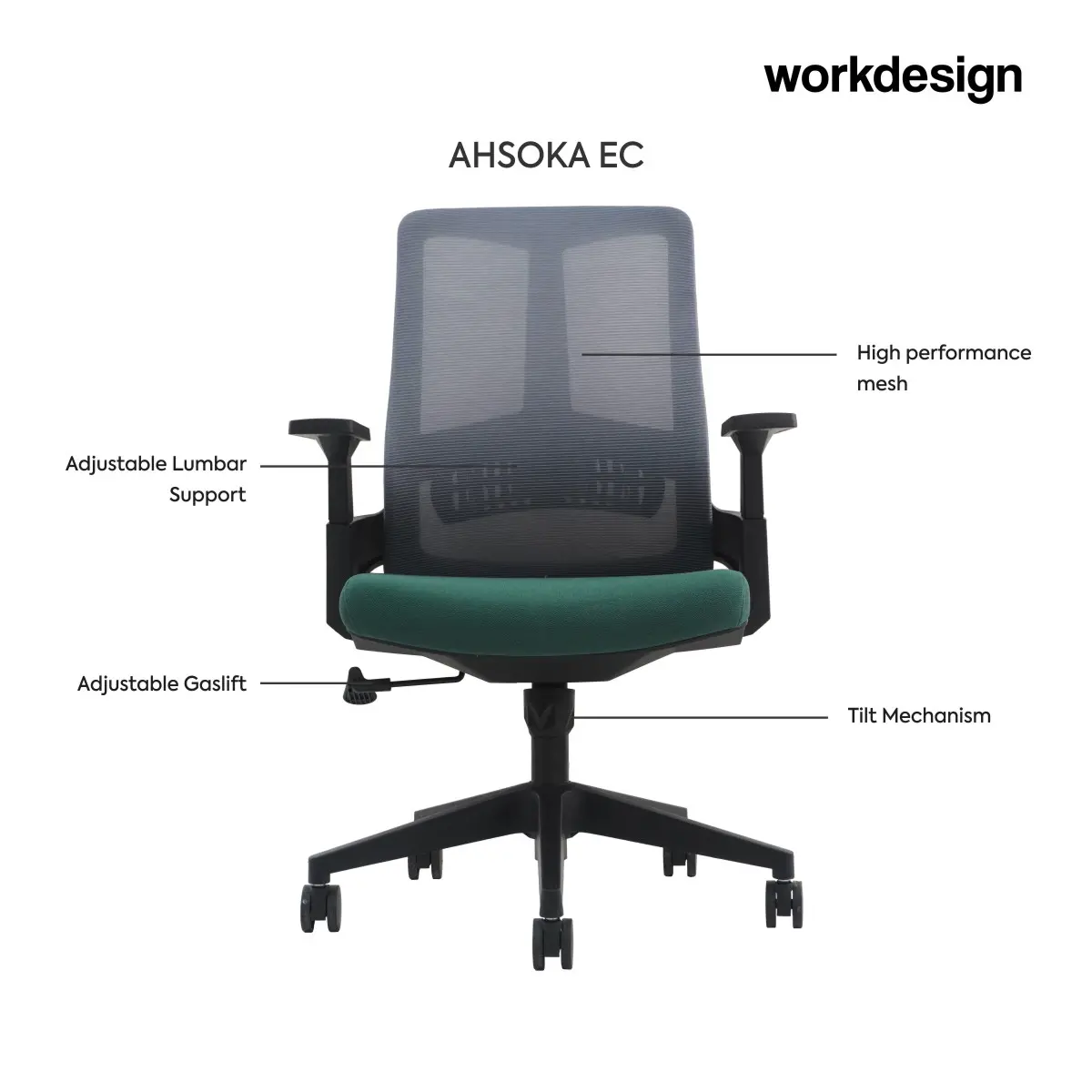 WORKDESIGN AHSOKA EC KURSI KANTOR / KURSI KERJA ERGONOMIS DENGAN LUMBAR SUPPORT warna DARK GREY - BLACK GREEN - WORKDESIGN - foto 3