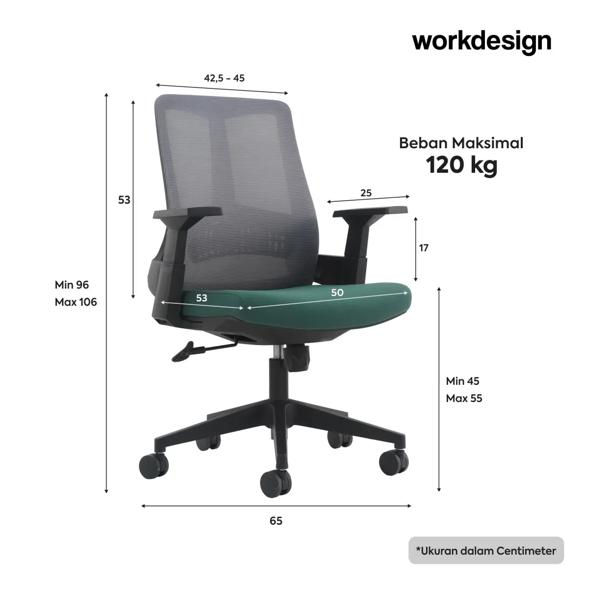Panduan ukuran WORKDESIGN AHSOKA EC KURSI KANTOR / KURSI KERJA ERGONOMIS DENGAN LUMBAR SUPPORT warna DARK GREY - BLACK GREEN - WORKDESIGN