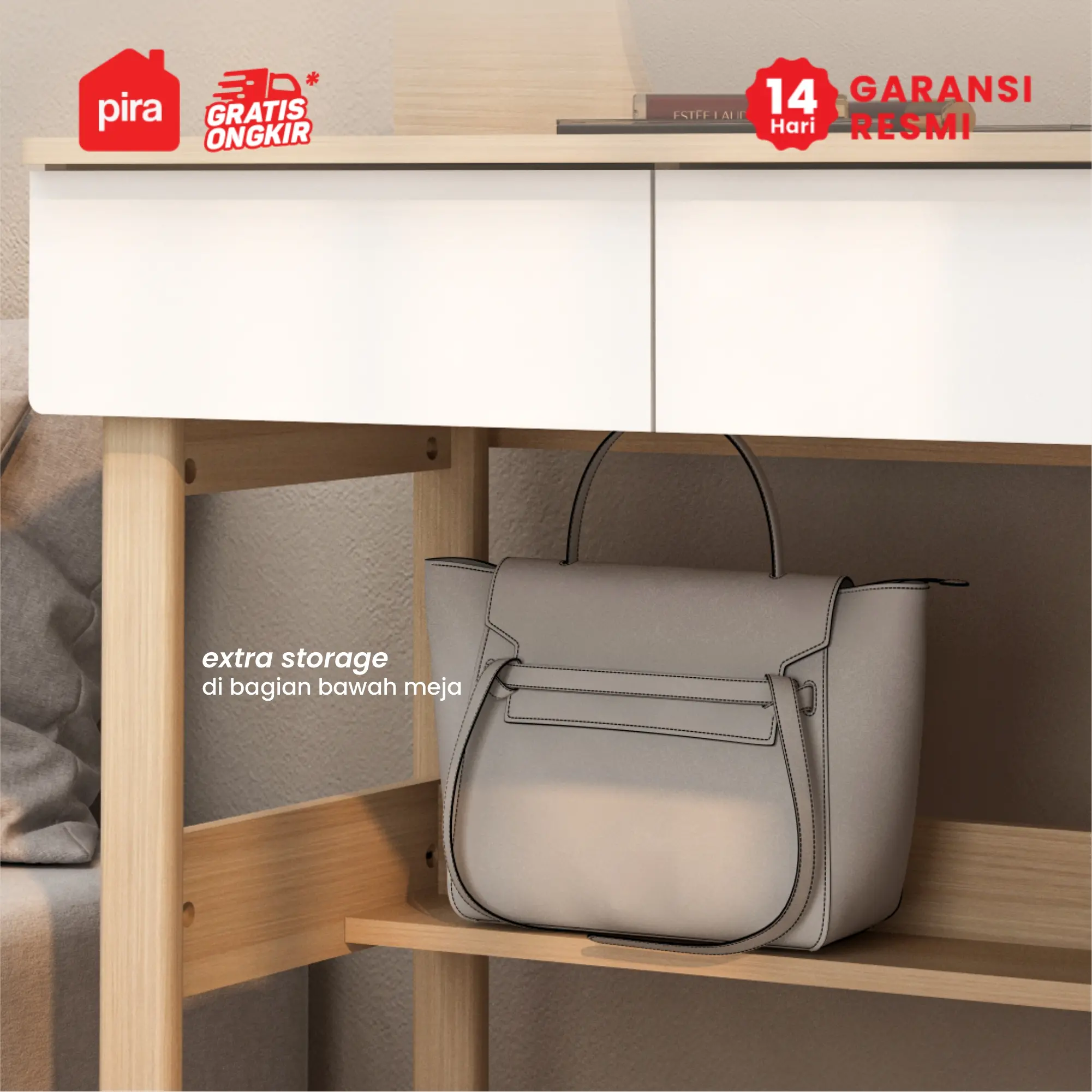 PIRA - LAURA DS100 MEJA RIAS DENGAN CERMIN LEPAS PASANG / MEJA BELAJAR / MEJA KERJA warna PRO OAK - WHITE SM - PIRA - foto 6