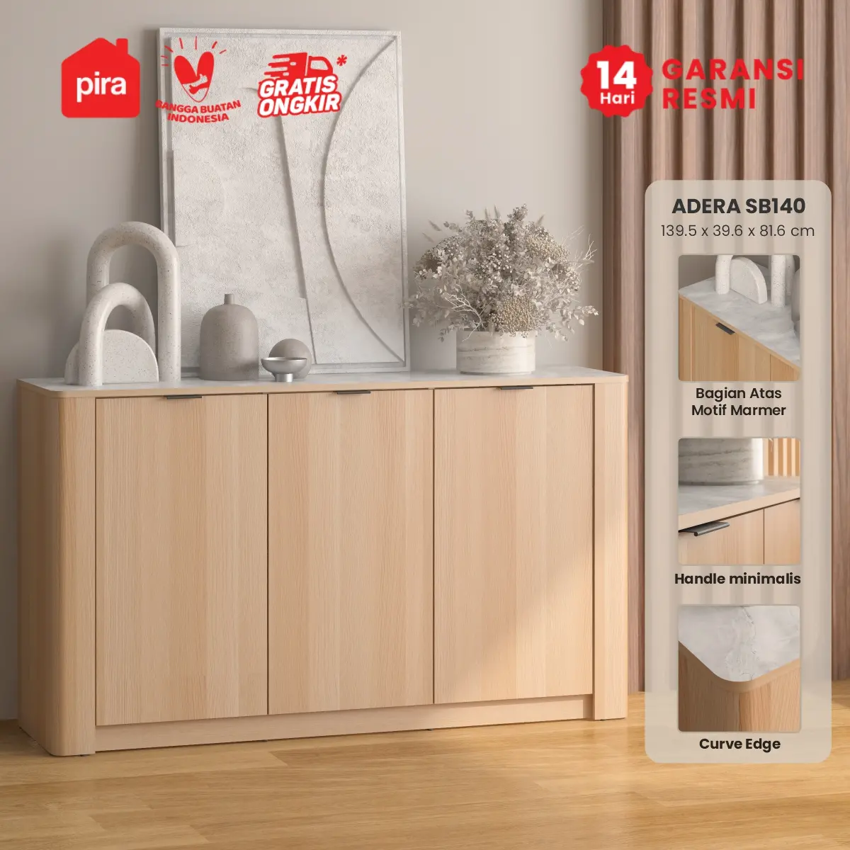 PIRA - ADERA SB140 BUFET / SIDEBOARD / LEMARI KABINET / RAK DAPUR / MEJA TV warna PRO OAK - WHITE MARBLE - PIRA - foto 1