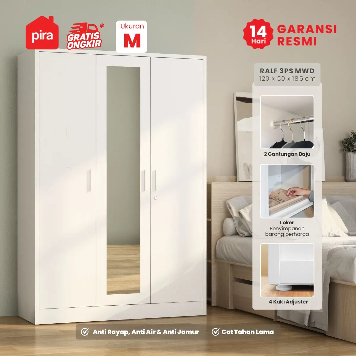 PIRA OX - RALF 3PS MWD LEMARI PAKAIAN BESI 3 PINTU FULL RAK DENGAN CERMIN warna WHITE - LIGHT GREY - PIRA - foto 1