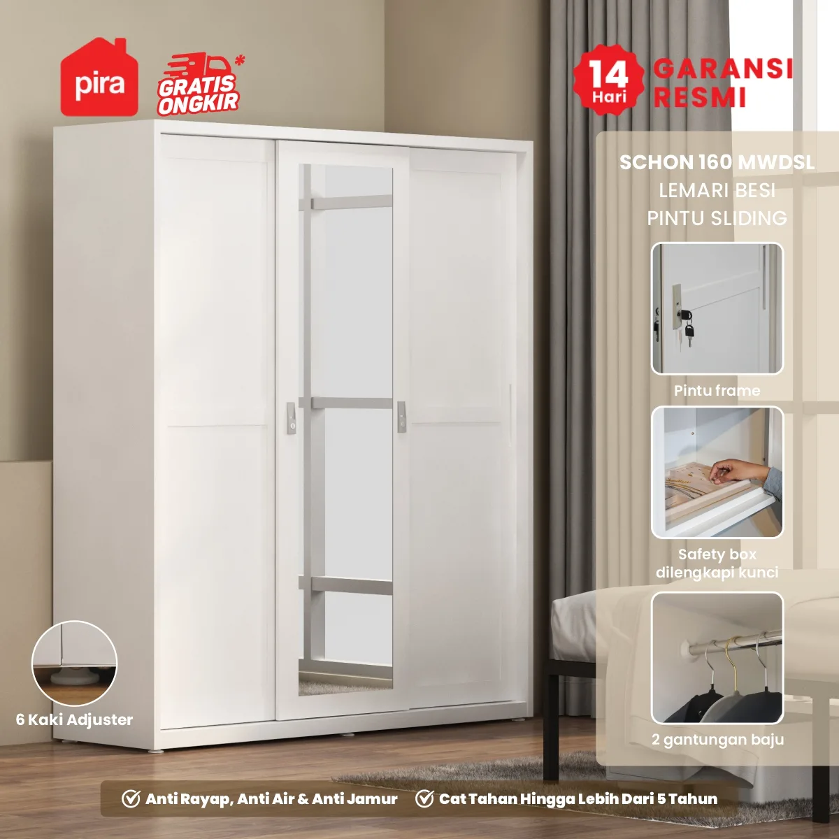 PIRA - SCHON 160 MWDSL LEMARI PAKAIAN BESI SLIDING / PINTU GESER warna WHITE - PIRA - foto 1