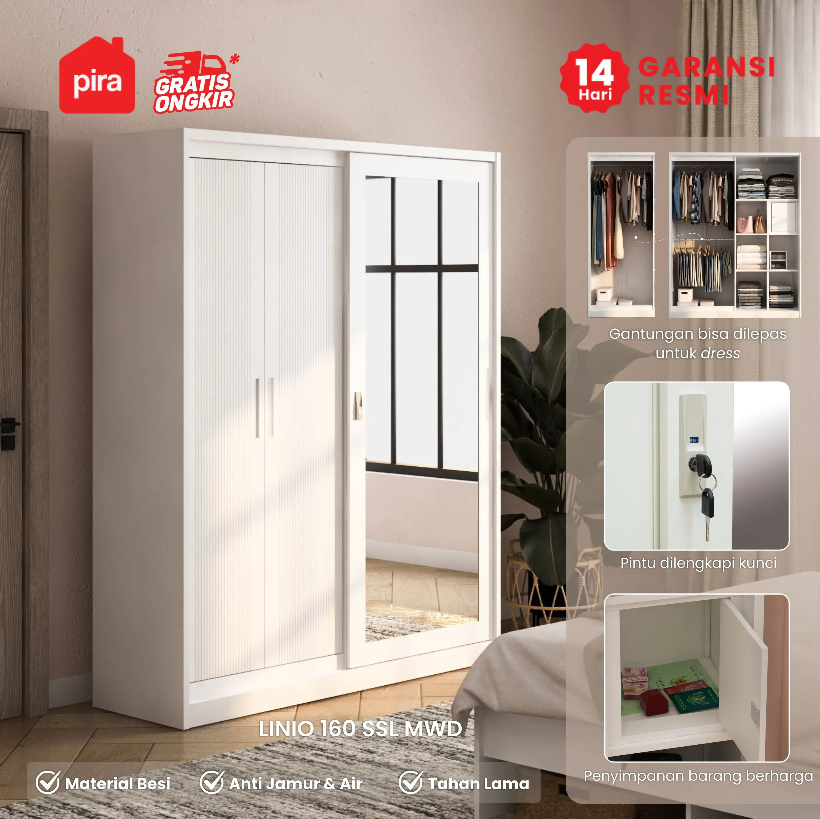 PIRA - LINIO 160 SSL MWDSL LEMARI PAKAIAN BESI SLIDING / PINTU GESER / LEMARI JUMBO warna WHITE - LIGHT GREY - PIRA - foto 7