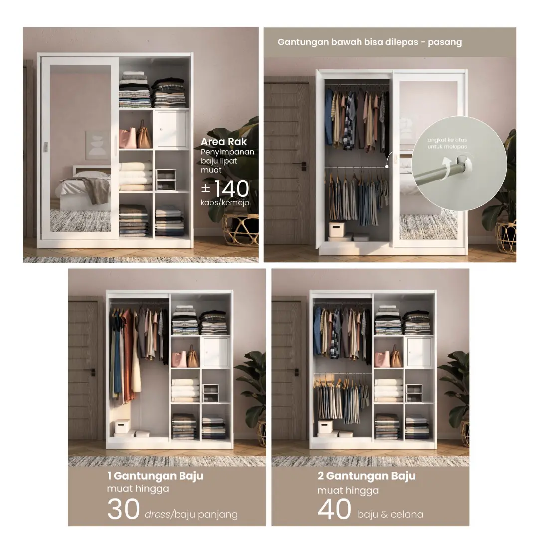 PIRA - LINIO 160 SSL MWDSL LEMARI PAKAIAN BESI SLIDING / PINTU GESER / LEMARI JUMBO warna WHITE - LIGHT GREY - PIRA - foto 9