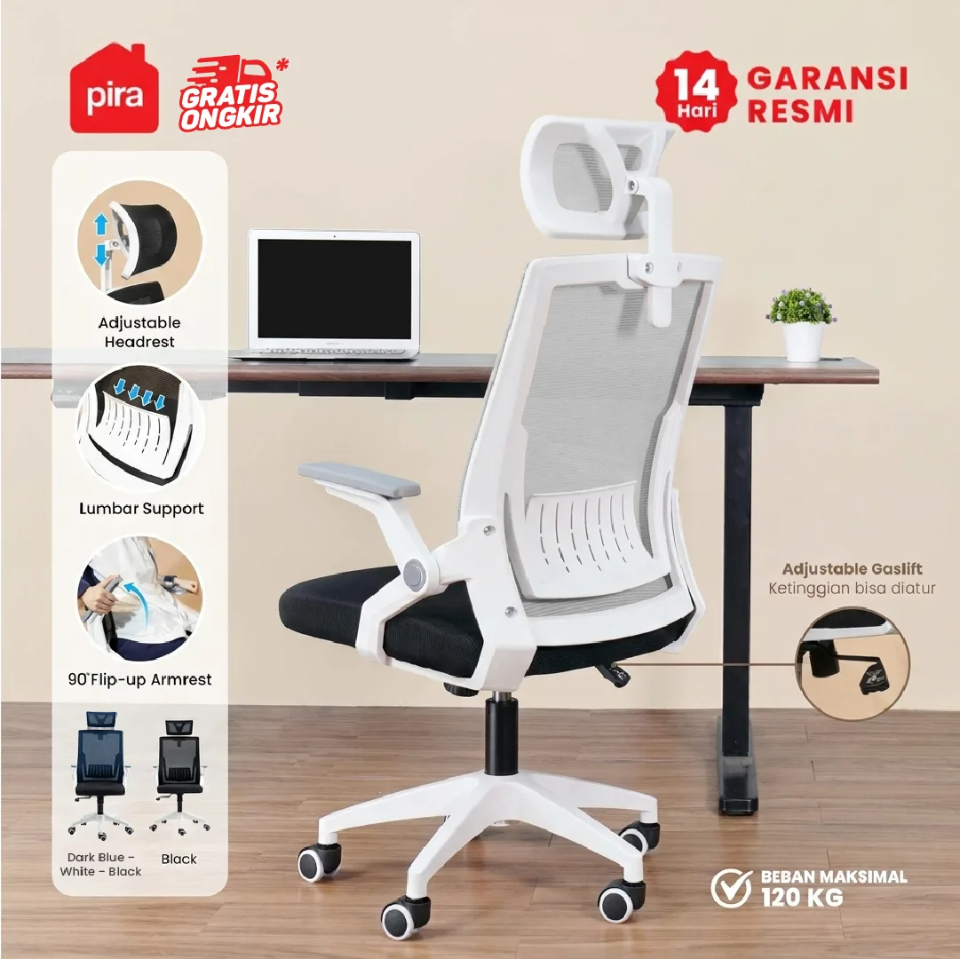 PIRA WORK - MARA EC KURSI KERJA / KURSI KANTOR / KURSI ERGONOMIS / KURSI KANTOR HIDROLIK / KURSI JARING / KURSI PUTAR warna GREY - WHITE - BLACK - PIRA WORK - foto 1