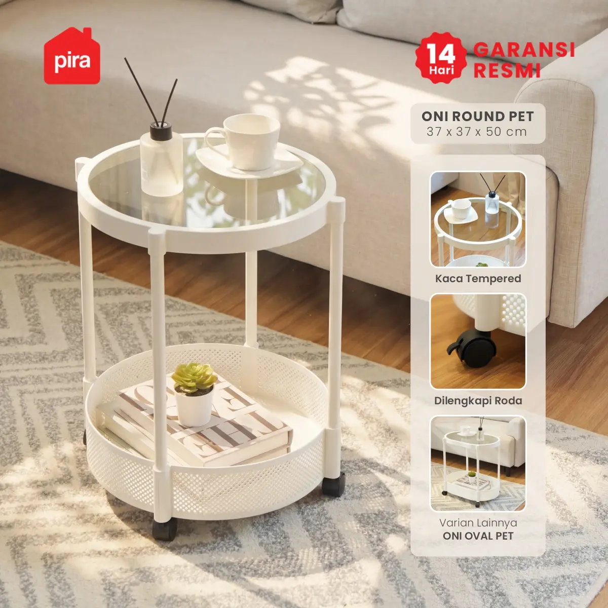 PIRA -  ONI ROUND PET SERIES MEJA SAMPING / MEJA NAKAS / MEJA KOPI / MEJA SUDUT / MEJA KECIL DENGAN RODA warna WHITE - PIRA - foto 1