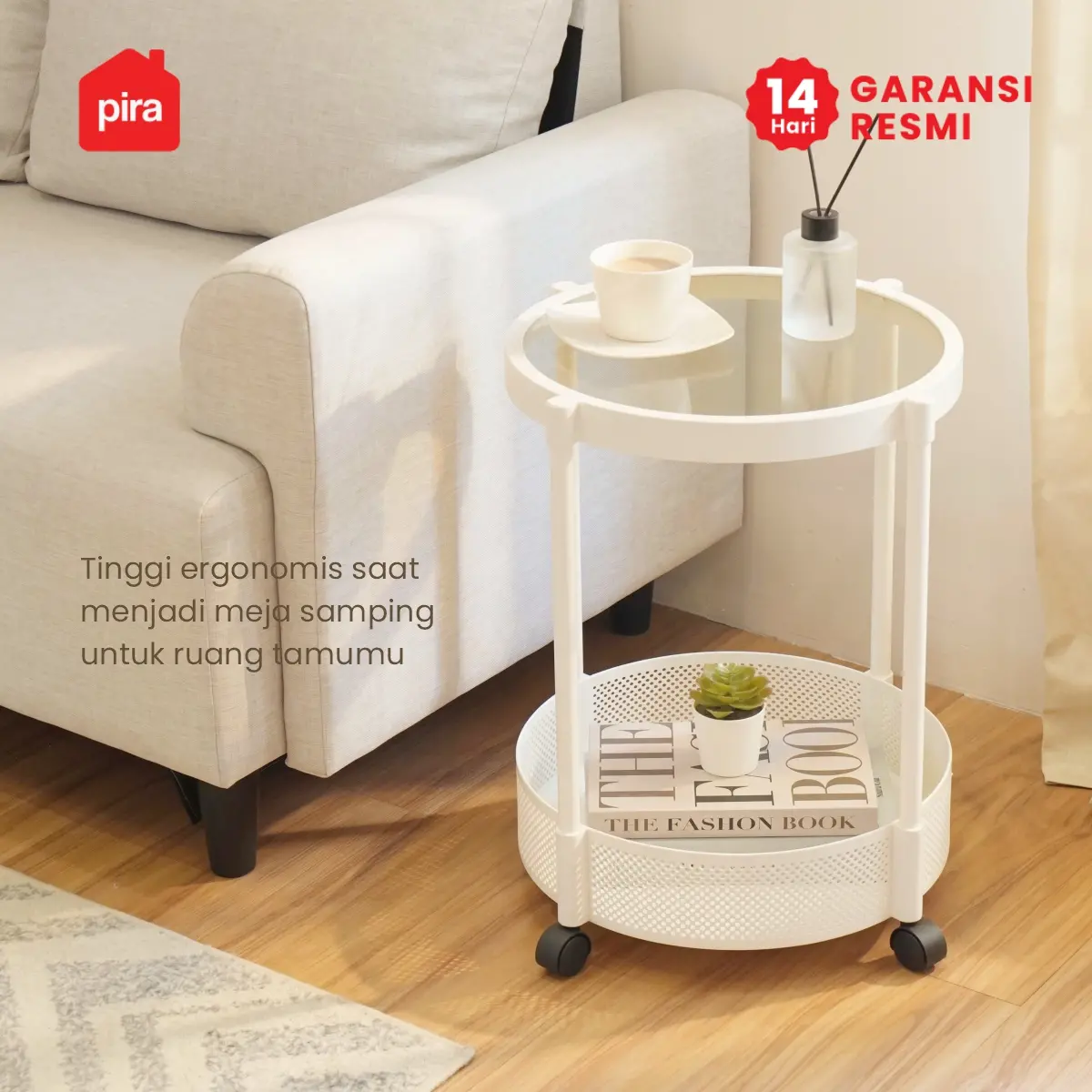 PIRA -  ONI ROUND PET SERIES MEJA SAMPING / MEJA NAKAS / MEJA KOPI / MEJA SUDUT / MEJA KECIL DENGAN RODA warna WHITE - PIRA - foto 2