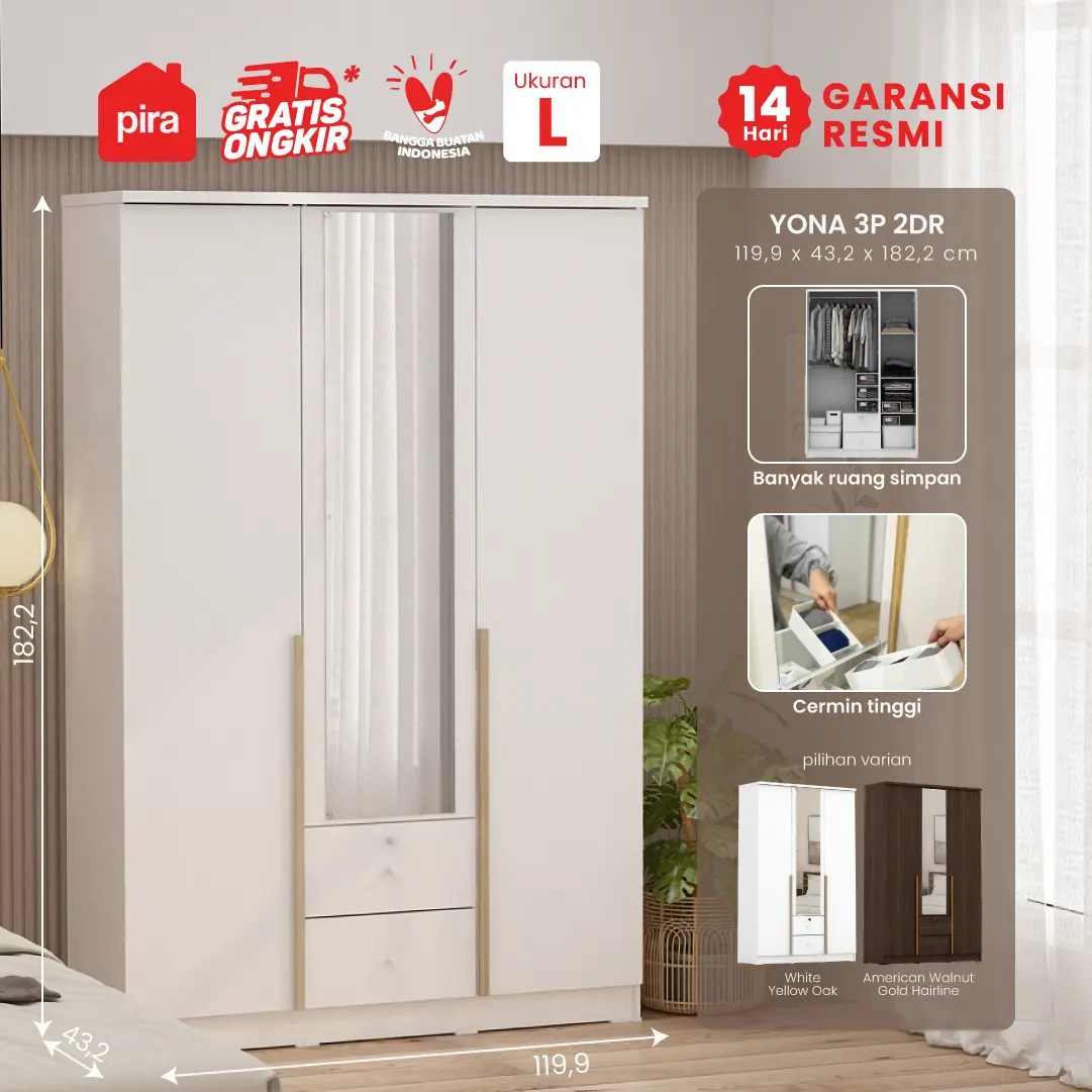 PIRA METROPOLIS -  YONA 3P 2DR LEMARI PAKAIAN 3 PINTU DENGAN 2 LACI warna WHITE - YELLOW OAK - PIRA METROPOLIS - foto 1