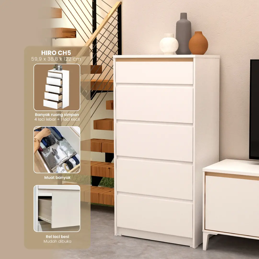 PIRA METROPOLIS OX -  HIRO CH5 LEMARI LACI 5 SUSUN warna WHITE - PRO OAK - PIRA METROPOLIS OX - foto 1