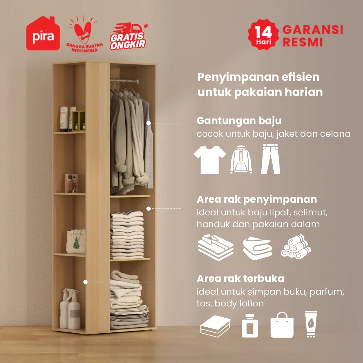 PIRA METROPOLIS OX -  ARUNA 1PSU LEMARI PAKAIAN 1 PINTU / LEMARI BAJU / RAK SERBAGUNA warna PRO OAK - WHITE - PIRA METROPOLIS OX - foto 3