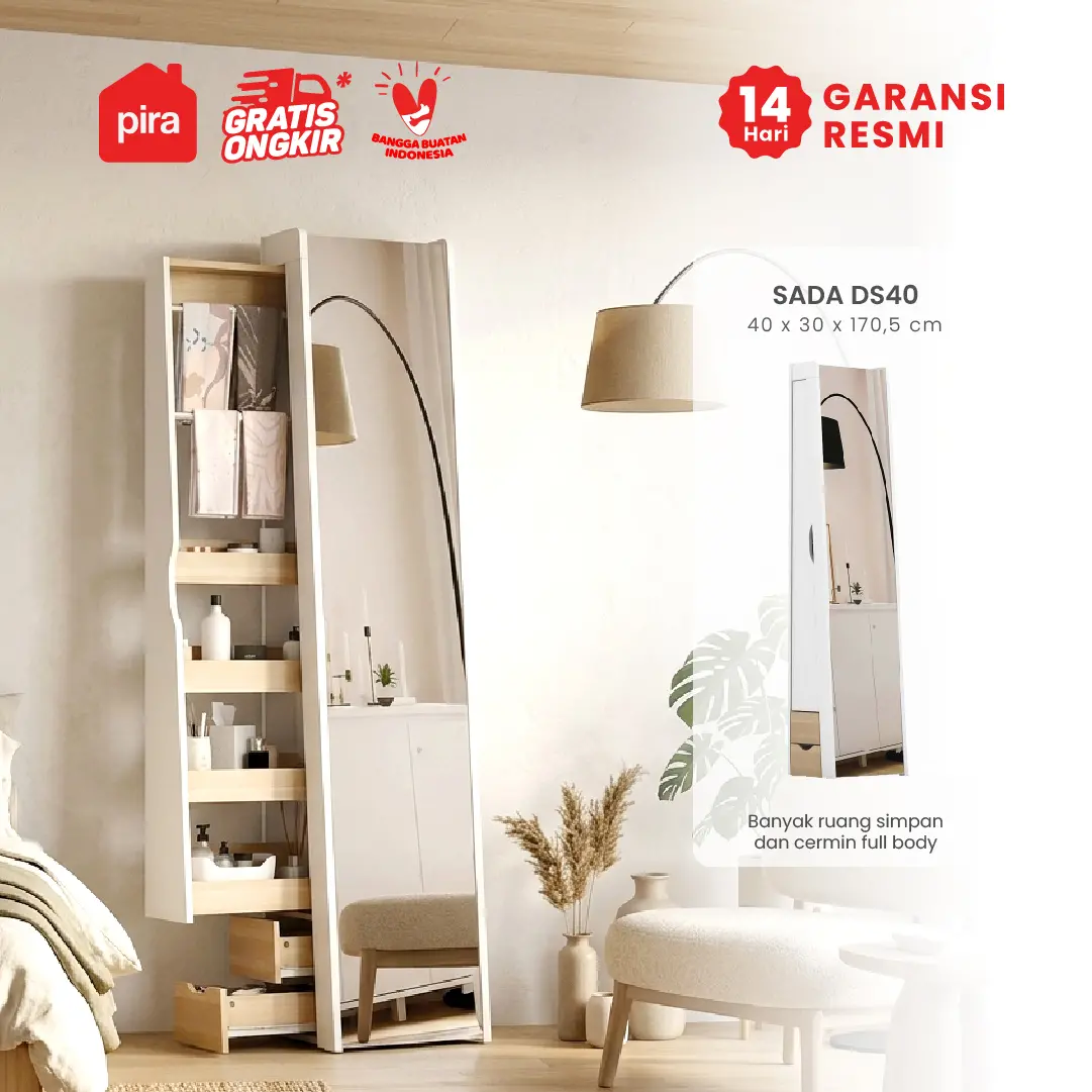 PIRA - SADA DS40 CERMIN BERDIRI FULL BODY DENGAN LACI DAN RAK JILBAB / RAK PAKAIAN warna WHITE SM - PRO OAK - PIRA - foto 1