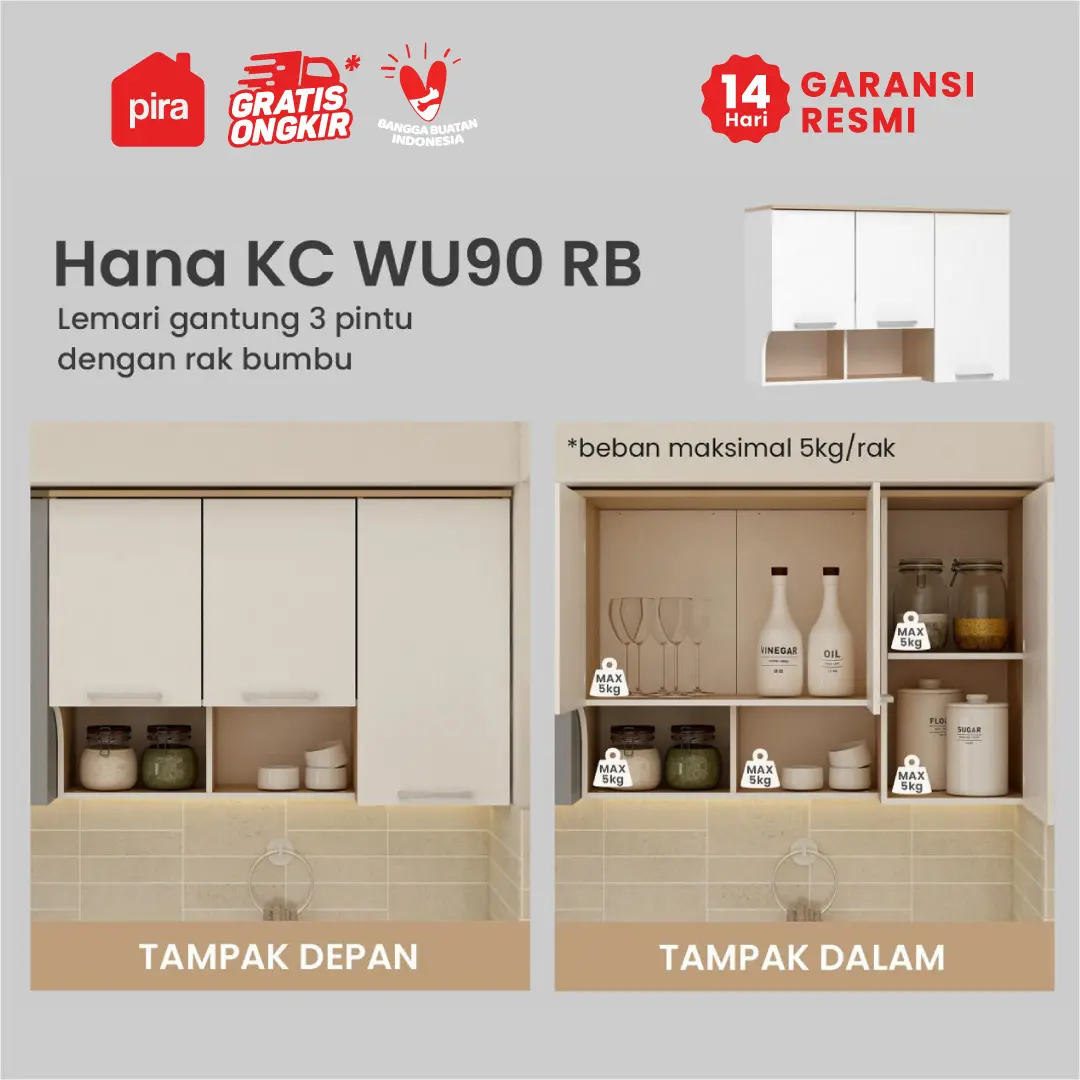 PIRA METROPOLIS OX -  HANA KC WU90 RB RAK DAPUR / RAK GANTUNG DAPUR / KITCHEN SET ATAS 3 PINTU DENGAN RAK BUMBU warna WHITE - PRO OAK - PIRA METROPOLIS - foto 2