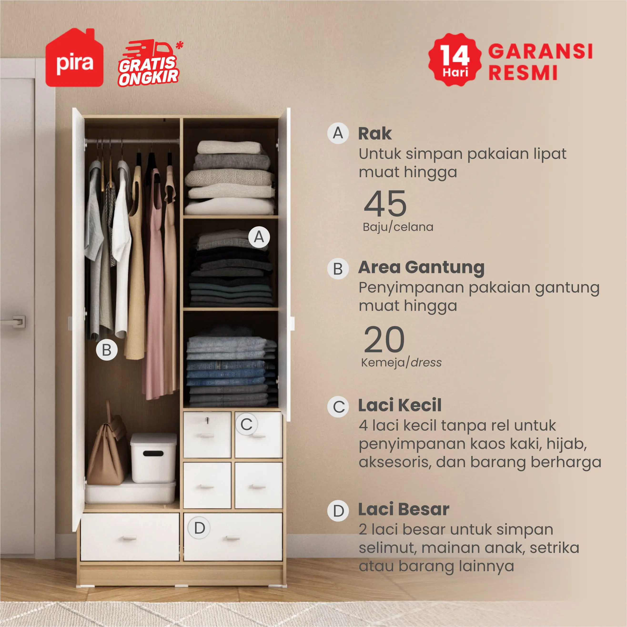 PIRA METROPOLIS OX -  ARUNA 2P 6DR LEMARI PAKAIAN 2 PINTU / LEMARI BAJU DENGAN BANYAK LACI PENYIMPANAN warna PRO OAK - WHITE - PIRA METROPOLIS OX - foto 2