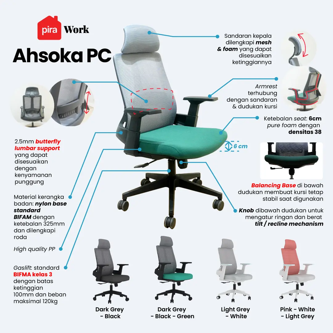 WORKDESIGN - AHSOKA PC PR KURSI KANTOR / KURSI KERJA ERGONOMIS DENGAN SANDARAN KEPALA DAN LUMBAR SUPPORT warna DARK GREY - BLACK GREEN - WORKDESIGN - foto 2
