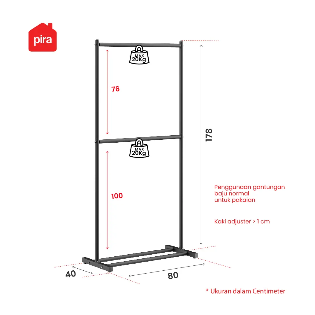 Panduan ukuran PIRA - ATLA CR 81 RAK GANTUNG BAJU / STAND GANTUNGAN / STAND HANGER / RAK BESI warna WHITE - PIRA