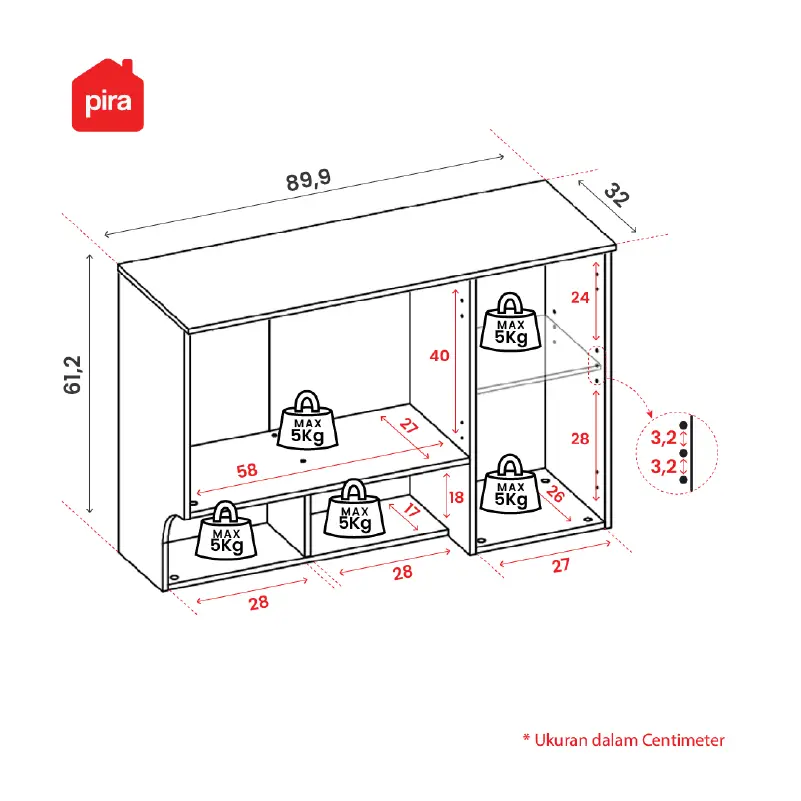 Panduan ukuran PIRA METROPOLIS OX -  HANA KC WU90 RB RAK DAPUR / RAK GANTUNG DAPUR / KITCHEN SET ATAS 3 PINTU DENGAN RAK BUMBU warna WHITE - PRO OAK - PIRA METROPOLIS