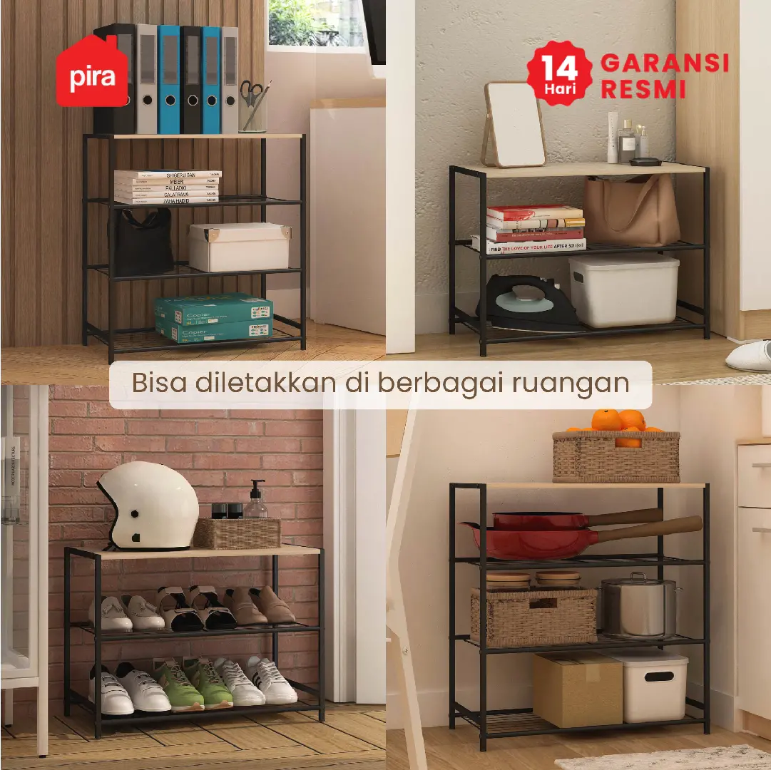 PIRA METROPOLIS - KAYO MSU 4 RAK SUSUN BESI / RAK SERBAGUNA / RAK SEPATU warna BLACK - SONOMA OAK - PIRA METROPOLIS - foto 6