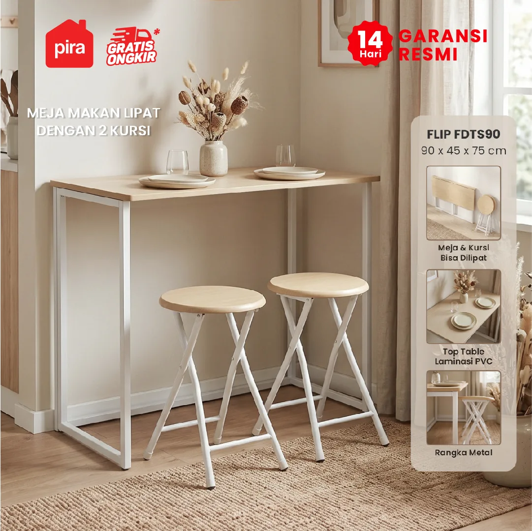 PIRA - FLIP FDTS90 MEJA MAKAN / MEJA MAKAN LIPAT SET 2 KURSI warna CREAM OAK - WHITE - PIRA - foto 1