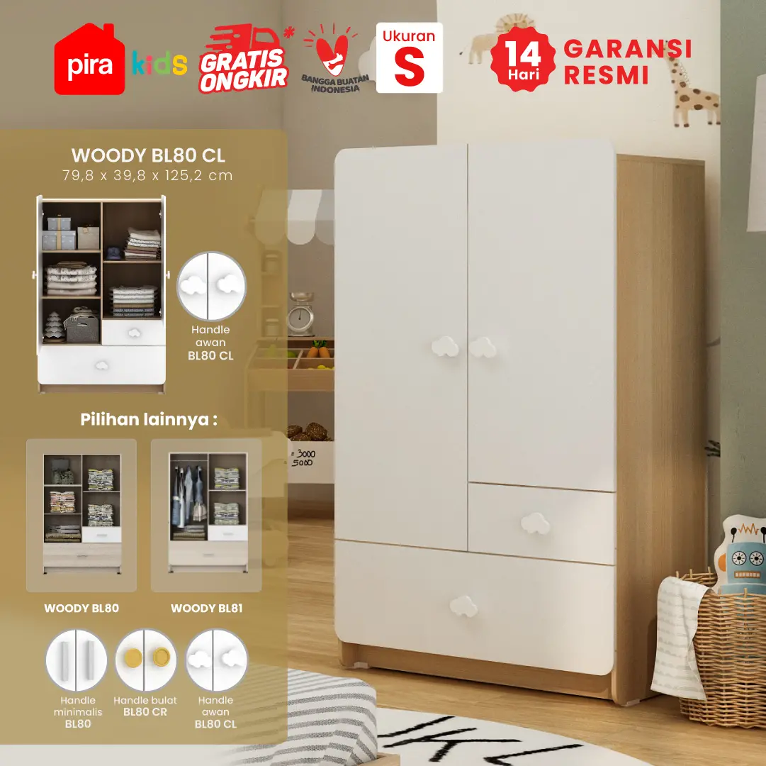 PIRA KIDS - WOODY BL80 CL LEMARI PAKAIAN ANAK 2 PINTU FULL RAK warna PRO OAK - WHITE SM - PIRA KIDS - foto 1