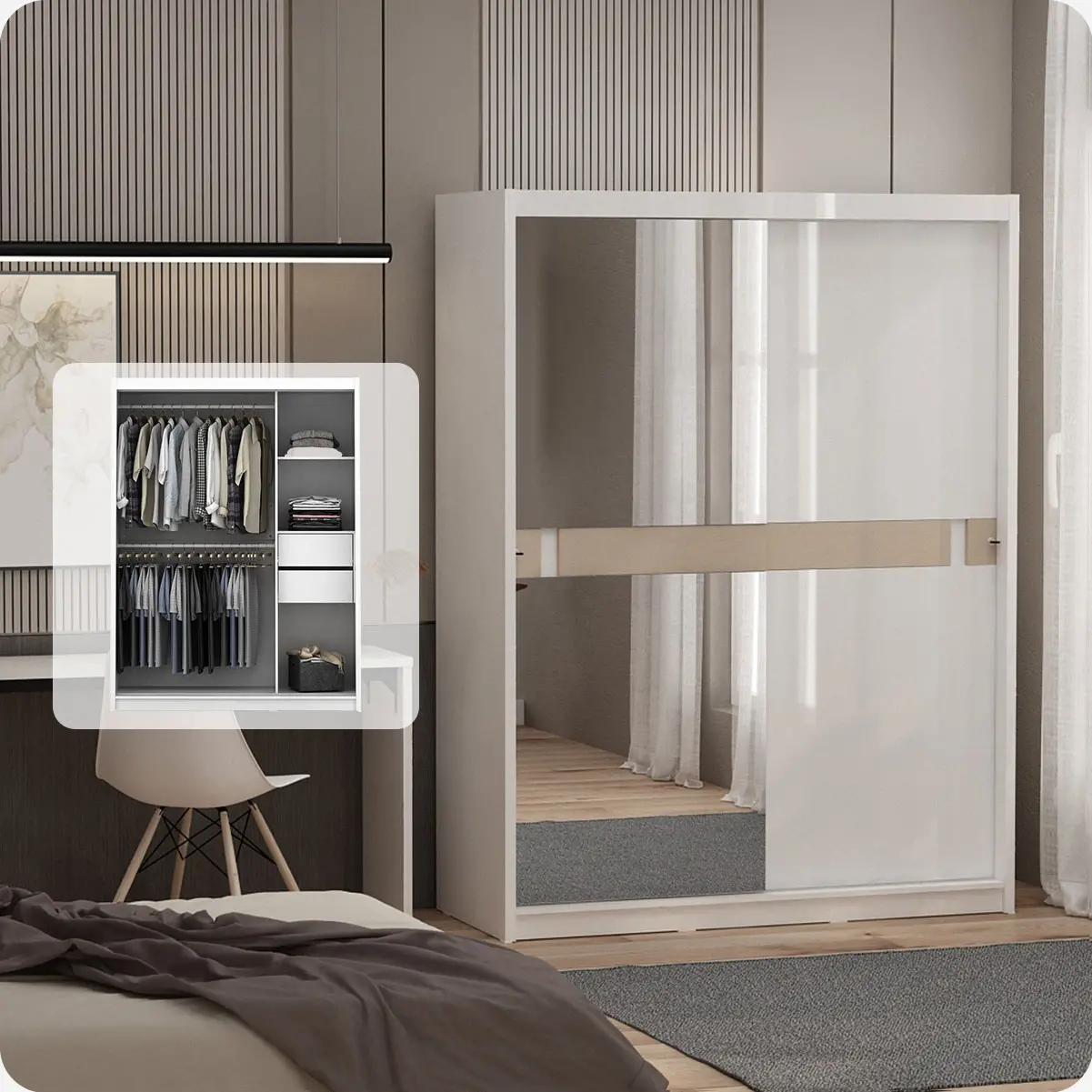 PIRA - KAST ABE WDSL150 GL MR LEMARI PAKAIAN PINTU GESER / SLIDING DENGAN CERMIN warna WHITE SM - WHITE GLOSSY - PIRA - foto 2