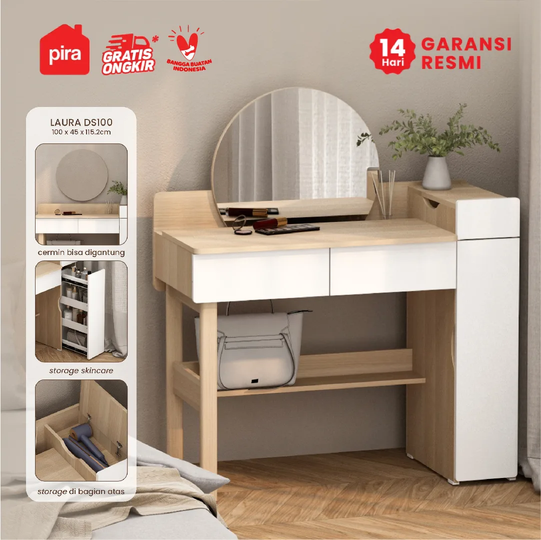 PIRA - LAURA DS100 MEJA RIAS DENGAN CERMIN LEPAS PASANG / MEJA BELAJAR / MEJA KERJA warna PRO OAK - WHITE SM - PIRA - foto 1