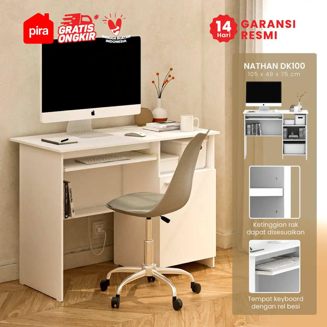 PIRA METROPOLIS - NATHAN DK100 MEJA BELAJAR / MEJA KERJA / MEJA KANTOR warna WHITE - PIRA METROPOLIS - foto 1