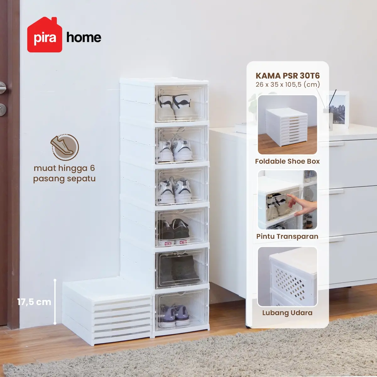 PIRA -  KAMA PSR RAK SEPATU LIPAT 1 PINTU / KOTAK SEPATU TRANSPARAN / RAK SEPATU SUSUN TERTUTUP warna WHITE - PIRA - foto 1
