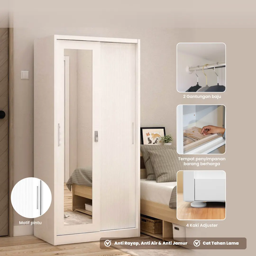 PIRA - LINIO 90A N MWDSL LEMARI PAKAIAN BESI SLIDING / PINTU GESER warna WHITE - PIRA - foto 1