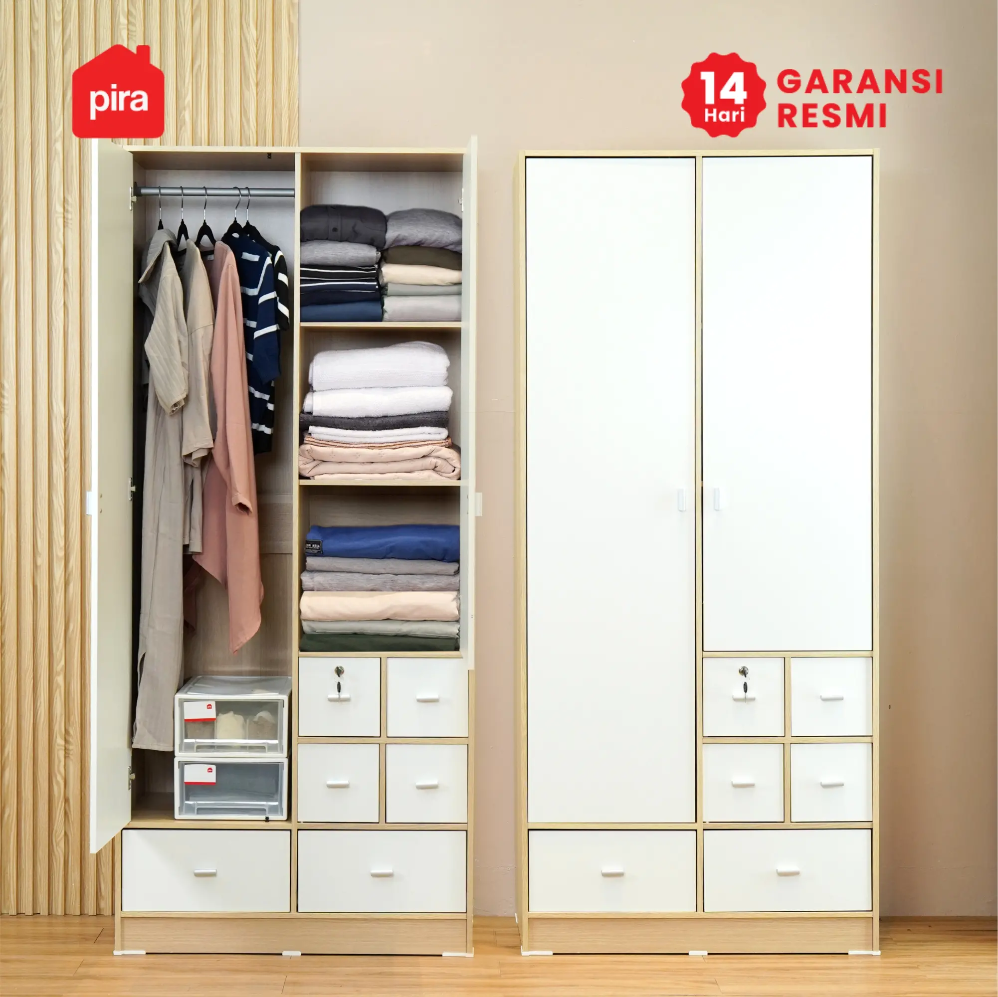 PIRA METROPOLIS OX -  ARUNA 2P 6DR LEMARI PAKAIAN 2 PINTU / LEMARI BAJU DENGAN BANYAK LACI PENYIMPANAN warna PRO OAK - WHITE - PIRA METROPOLIS OX - foto 8
