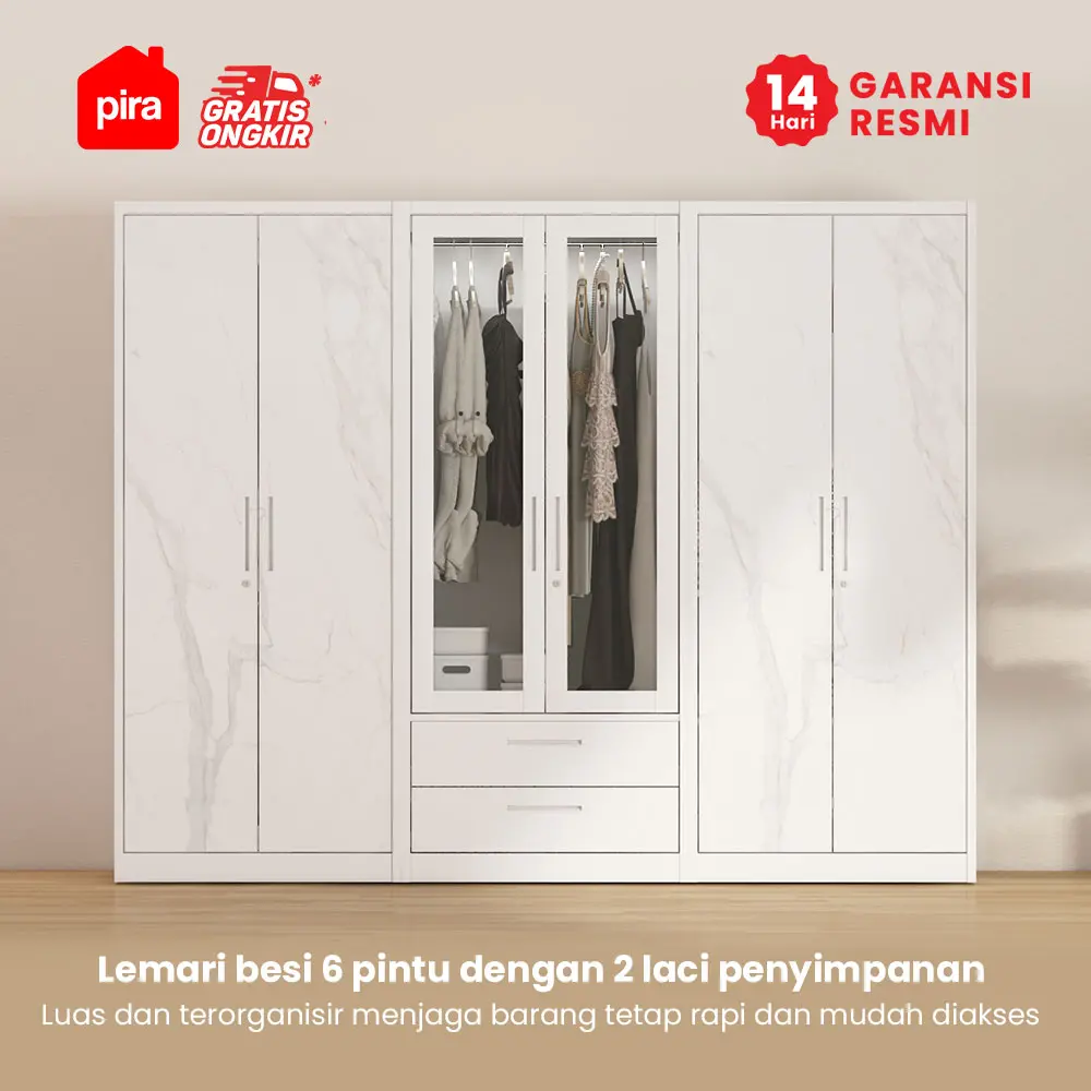 PIRA -  CATTA 6P FGD MWD LEMARI PAKAIAN BESI 6 PINTU DENGAN LACI DAN LED warna WHITE - PIRA - foto 2