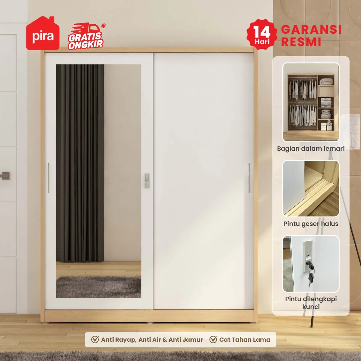 PIRA - ASHTON A 151A N MWDSL LEMARI PAKAIAN BESI SLIDING / GESER MOTIF KAYU warna LIGHT ASH - WHITE - PIRA - foto 3