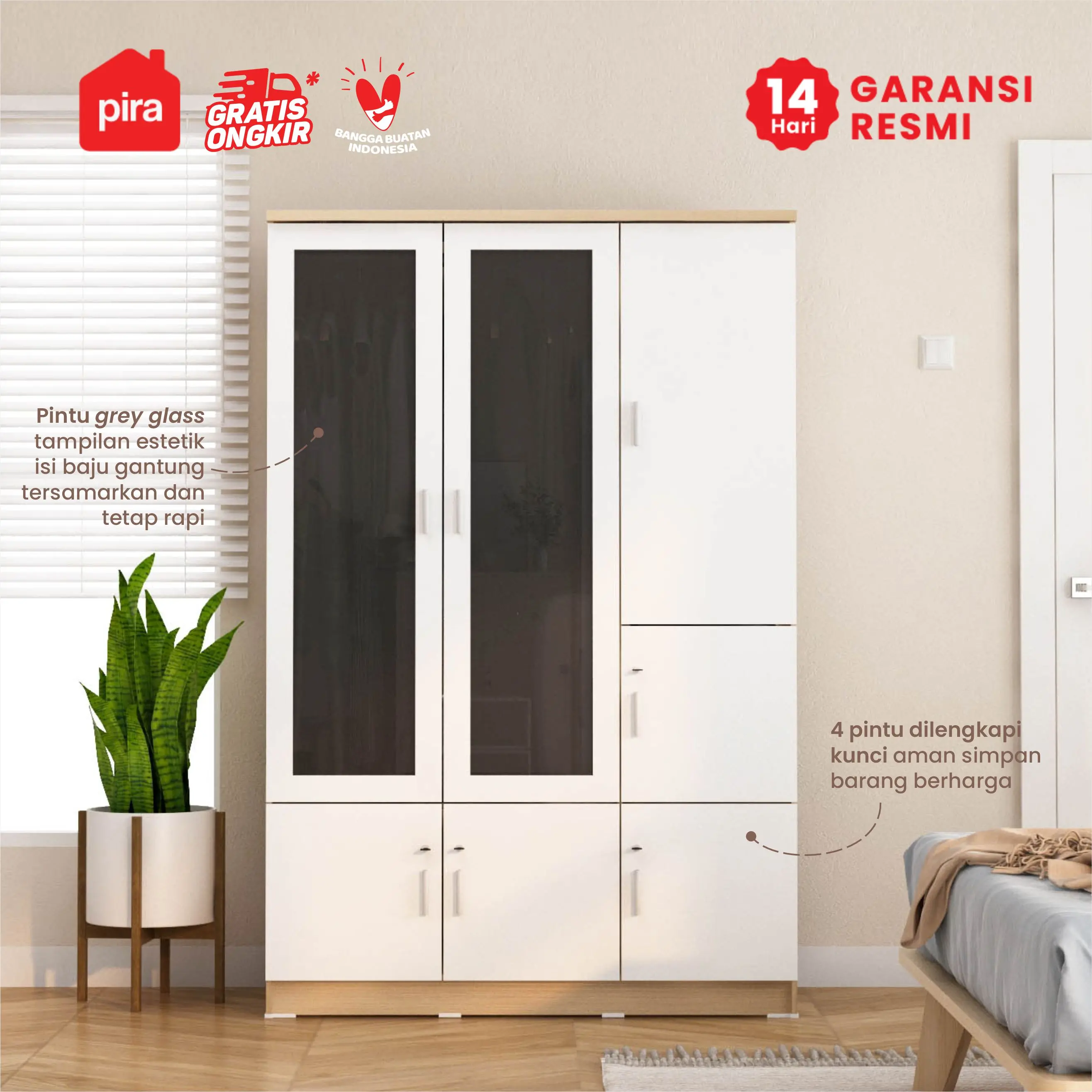 PIRA METROPOLIS OX - ARUNA 7PG LEMARI PAKAIAN / LEMARI BAJU DENGAN BANYAK SEKAT / RAK warna PRO OAK - WHITE - PIRA METROPOLIS OX - foto 2
