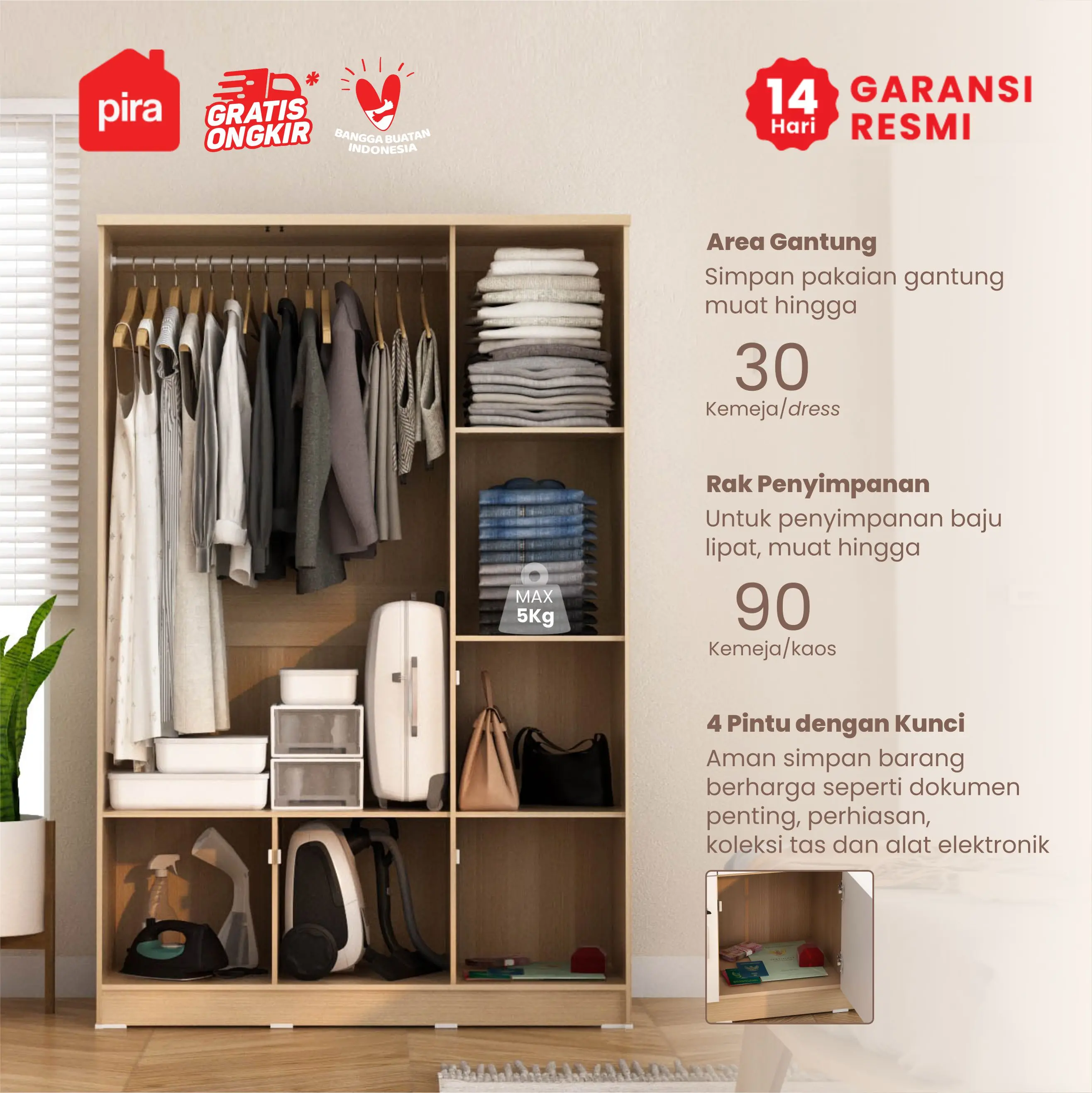 PIRA METROPOLIS OX - ARUNA 7PG LEMARI PAKAIAN / LEMARI BAJU DENGAN BANYAK SEKAT / RAK warna PRO OAK - WHITE - PIRA METROPOLIS OX - foto 3