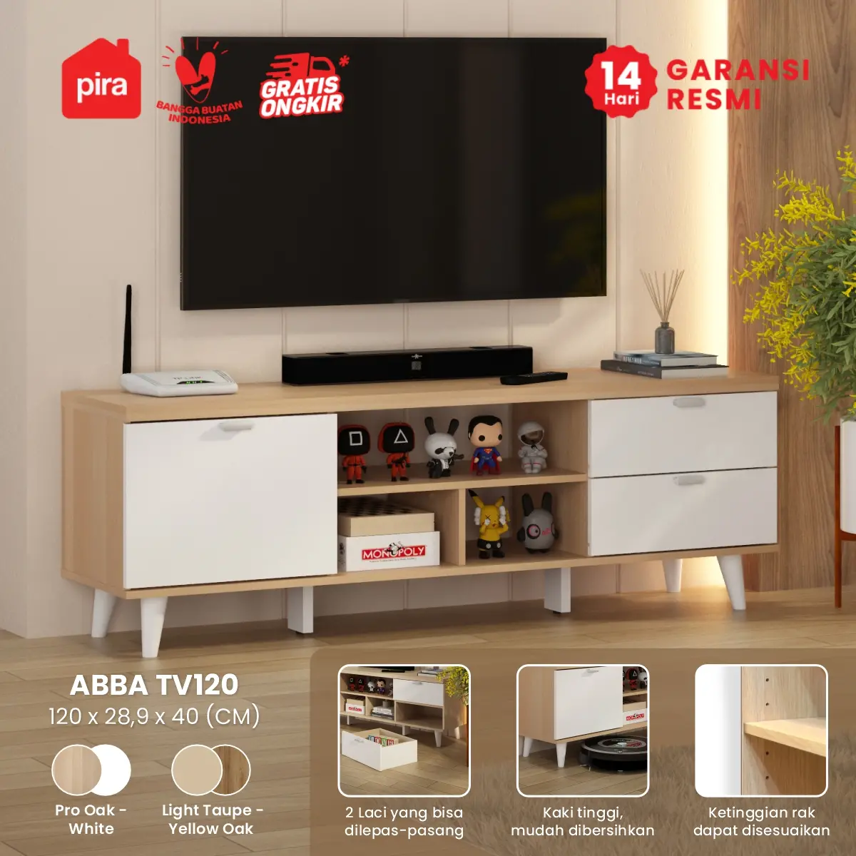 PIRA METROPOLIS OX - ABBA TV120 MEJA TV / RAK TV / LEMARI TV warna PRO OAK - WHITE - PIRA METROPOLIS OX - foto 1
