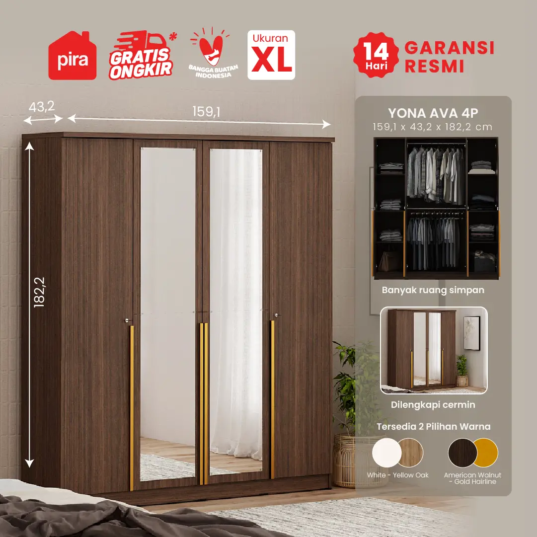 PIRA METROPOLIS - YONA 4P LEMARI PAKAIAN 4 PINTU warna AMERICAN WALNUT - GOLD HAIRLINE - PIRA METROPOLIS - foto 1