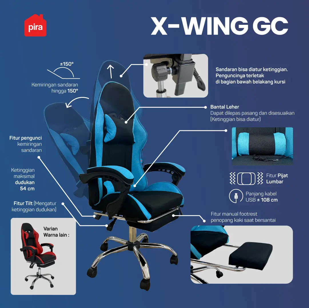 PIRA -  X-WING GC KURSI GAMING DENGAN SANDARAN KAKI DAN FITUR MASSAGE / PIJAT warna BLACK-TURQUOISE - PIRA - foto 2