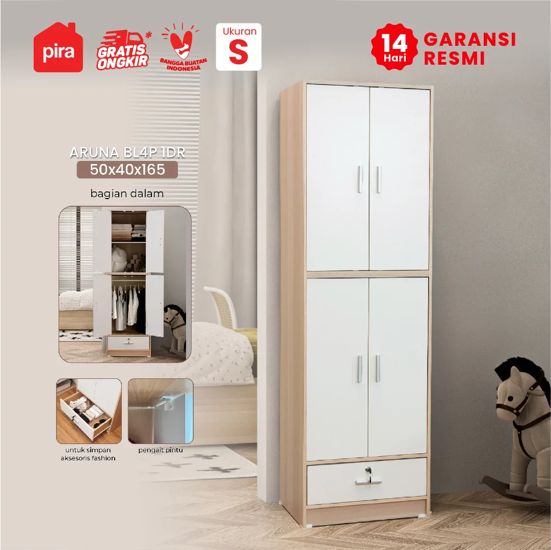 PIRA METROPOLIS OX - ARUNA BL4P 1DR LEMARI PAKAIAN / LEMARI BAJU FULL RAK DENGAN LACI PENYIMPANAN warna PRO OAK - WHITE - PIRA METROPOLIS OX - foto 1