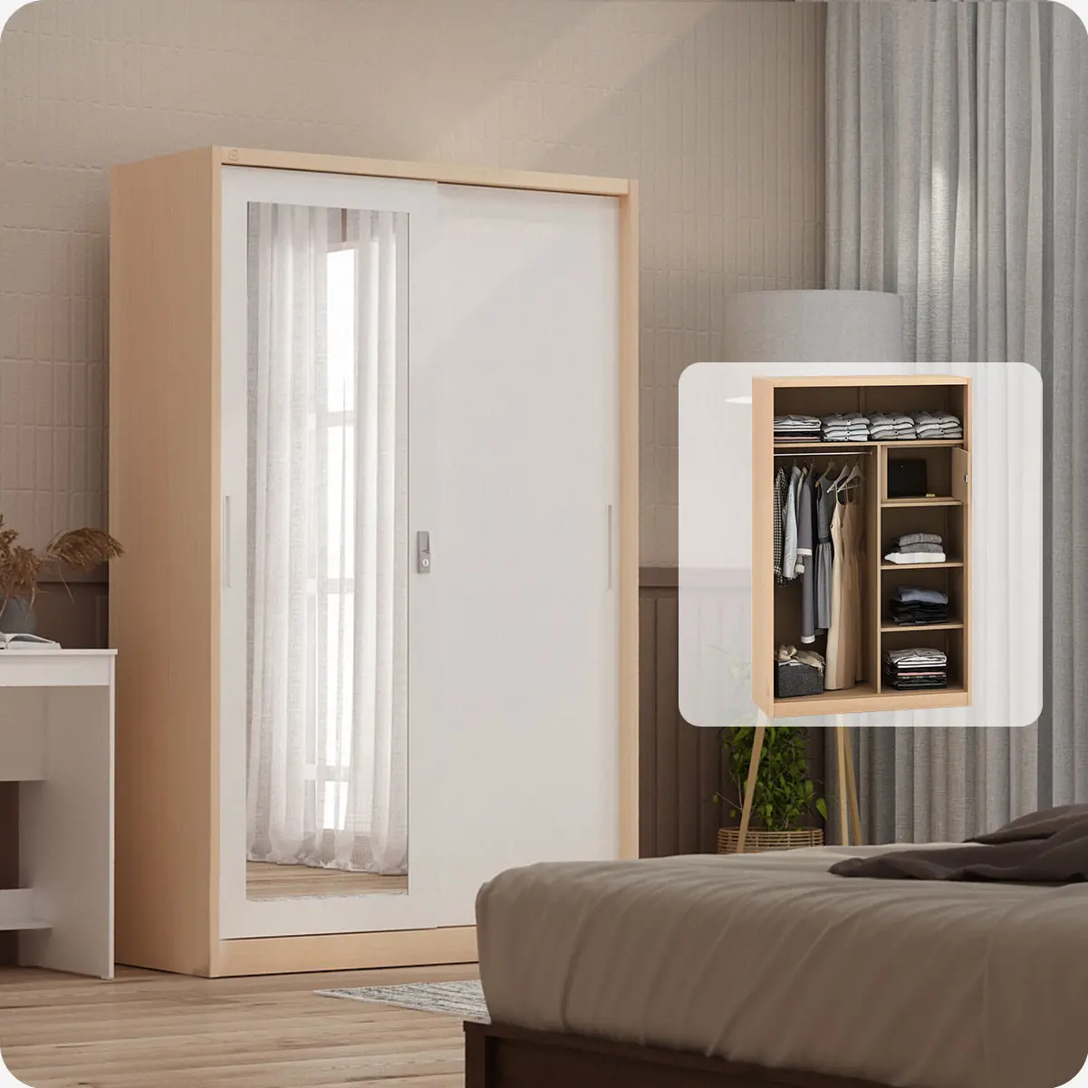PIRA - ASHTON 120N MWDSL LEMARI PAKAIAN BESI SLIDING / GESER MOTIF KAYU warna LIGHT ASH - WHITE - PIRA - foto 1