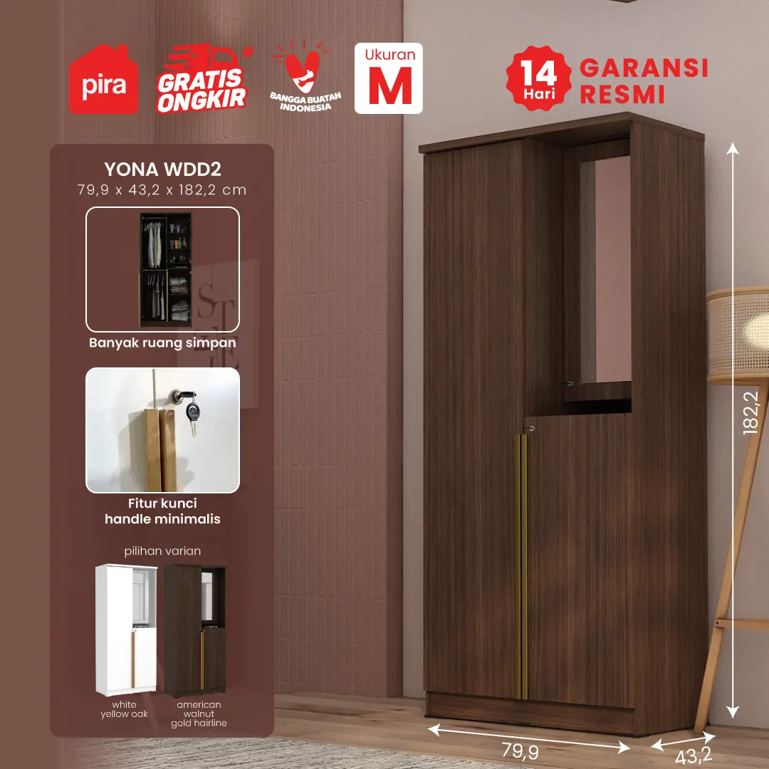 PIRA METROPOLIS - YONA WDD 2 LEMARI PAKAIAN 2 PINTU DENGAN KACA RIAS warna AMERICAN WALNUT - GOLD HAIRLINE - PIRA METROPOLIS - foto 1