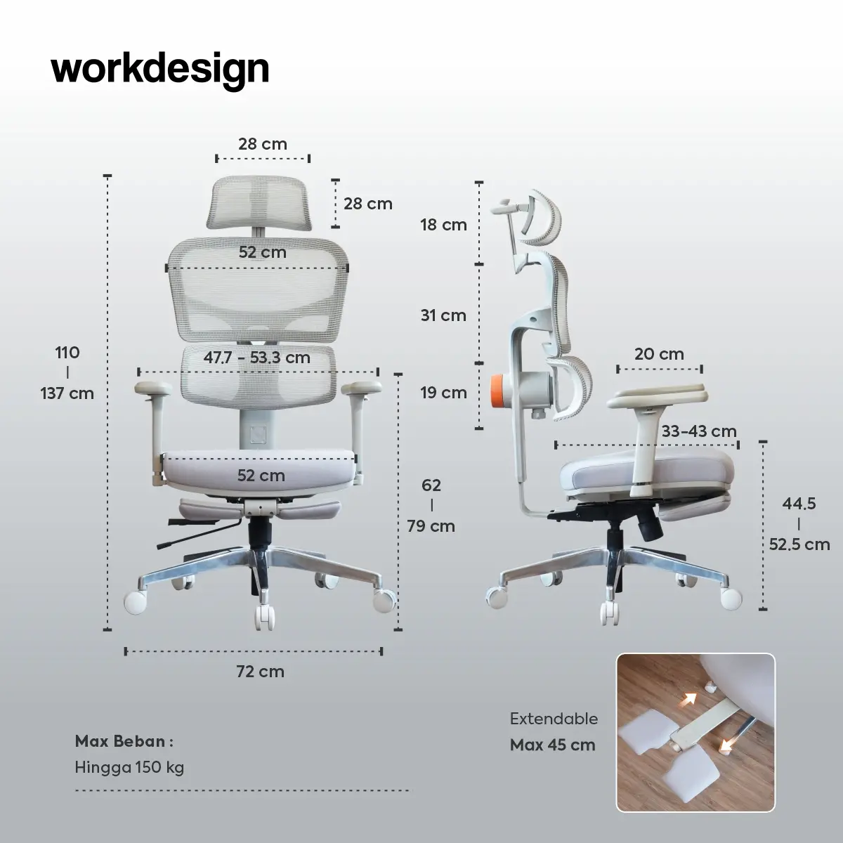 Panduan ukuran WORKDESIGN ANISEYA PC KURSI KANTOR / KURSI KERJA ERGONOMIS DENGAN LUMBAR SUPPORT warna GREY - WORKDESIGN
