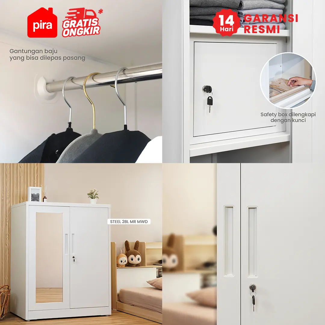 PIRA - STEEL 2BL MR MWD LEMARI PAKAIAN BESI 2 PINTU DENGAN CERMIN / LEMARI PAKAIAN ANAK warna WHITE - PIRA - foto 7