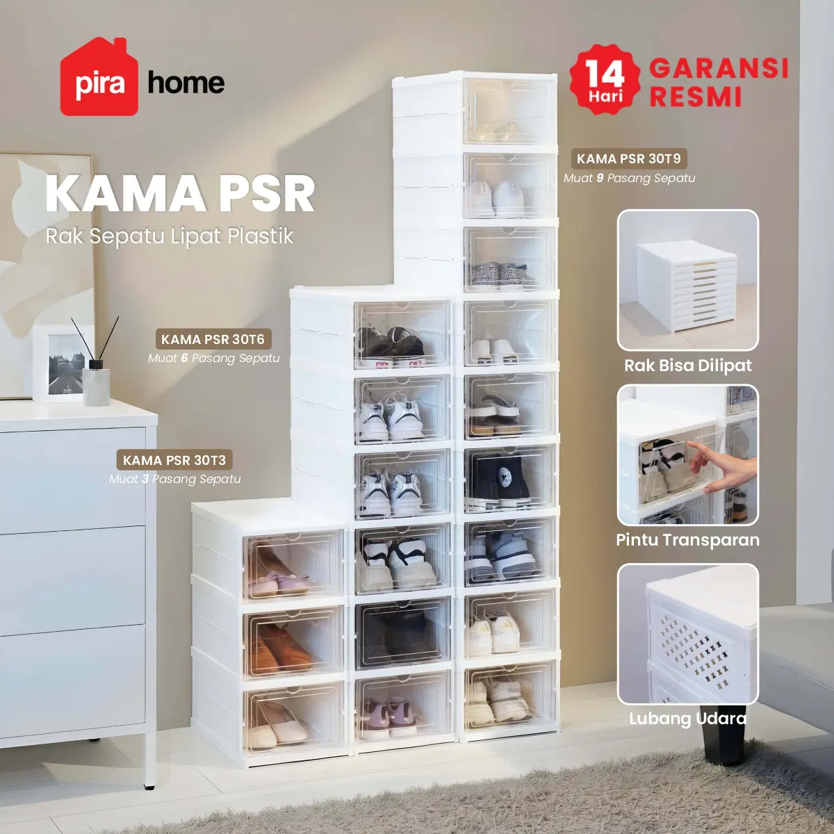 PIRA - KAMA PSR RAK SEPATU LIPAT 1 PINTU / KOTAK SEPATU TRANSPARAN / RAK SEPATU SUSUN TERTUTUP warna WHITE - PIRA - foto 2