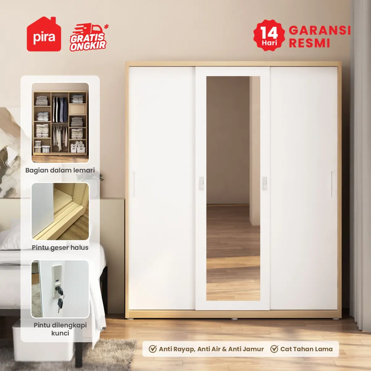 PIRA -  ASHTON 160 MWDSL LEMARI PAKAIAN BESI SLIDING / PINTU GESER warna LIGHT ASH - WHITE - PIRA - foto 2