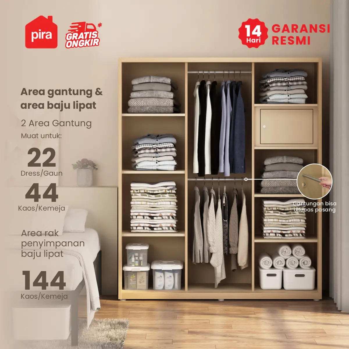 PIRA -  ASHTON 160 MWDSL LEMARI PAKAIAN BESI SLIDING / PINTU GESER warna LIGHT ASH - WHITE - PIRA - foto 3